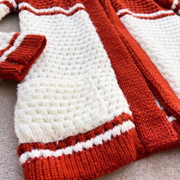 Vintage 70s Waffle-Stitch Shawl-Collar Hand Knit Cardigan – Large - Picture 3 of 7